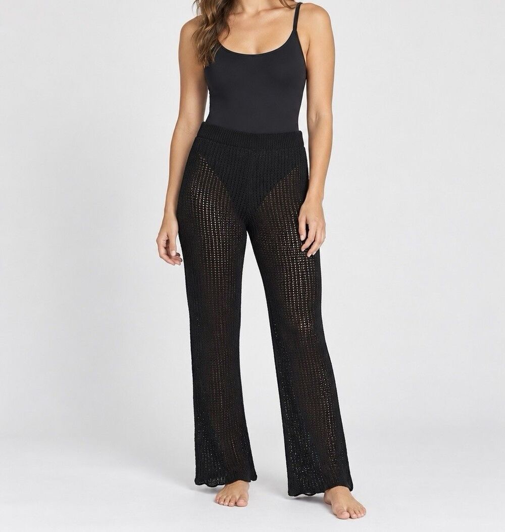 Women’s Black Crochet Knit Sheer Flare Pants Size S Pull On Beach Cover Up